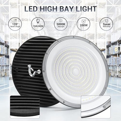 XYCN 6 Pack 200W UFO Led High Bay Light,IP66 Waterproof,120VAC,30500LM 5000K Daylight Commercial Bay Lighting,850W MH/HPS with Plug Area Lighting for Warehouse/Shop/Workshop/Barn/Gym/Factory - size: 200W 6pack UFO high bay light