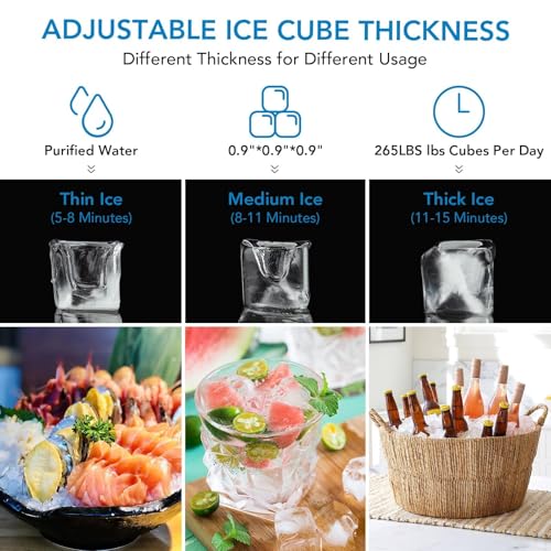 Commercial Ice Maker – 250 Lbs/24h Production, 60 Lbs Storage Bin, 50 Cubes Per 15 Minutes, Adjustable Thickness, Built-in/Freestanding, Self-Cleaning, ETL Certified – for Home, Bar, Restaurant