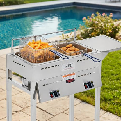 Deep Fryer – Propane Deep Fryer for Outdoor- 18 Qt Stainless Steel Commercial Quality Double Fryer with Baskets, Lids & Hose - Ideal for Frying Fish, Wings, and More