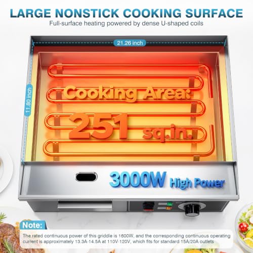 IRONWALLS Commercial Electric Griddle 22”, 3000W Electric Flat Top Griddle Grill Indoor, 122~572℉ Adjustable Temperature Control, Non-stick Stainless Steel Grill for Restaurant, Fits for 20-Amp Outlet - color: Silver, size: 22 Inch(Flat Top)