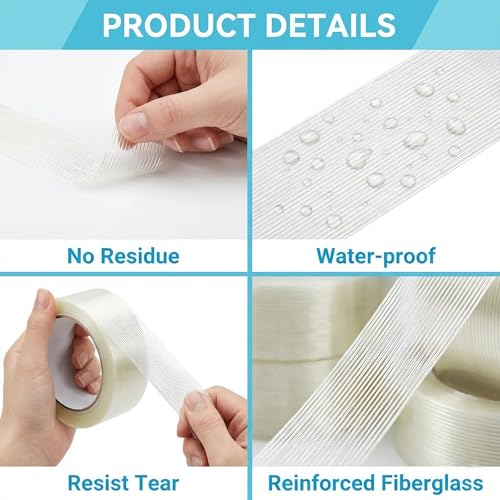 Strapping Tape 2 Inch x 35 Yards 1 Rolls, Heavy Duty Tape for Cargo, Clear Packing Tape Reinforced with Mono Fiberglass, 5.5 Mil Thick Filament Tape, Strong Packaging Tape & Fiber Tape - size: 1Roll: 2 Inch x 35y
