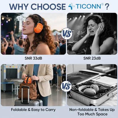 TICONN Noise Cancelling Ear Muffs for Adults, SNR 33dB Hearing Protection, Adjustable Safety Earmuffs for Construction - color: Bright Orange