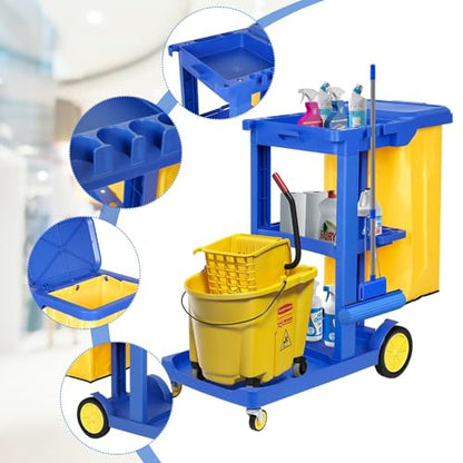 tonchean Commercial Janitorial Cart, 3-Shelf Housekeeping Cart with 22 Gallon Vinyl Bag & Cover, Large Cleaning Cart with Wheels for Hotel, Store, School, Office