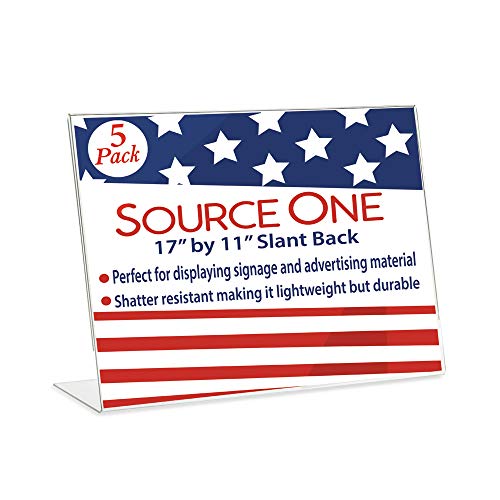 SOURCEONE.ORG Deluxe 17 Wide x 11 Tall Slant Back Clear Thick Acrylic Sign Holder - Brochure Holder Made in the USA (5 Pack) - size: 5 Pack