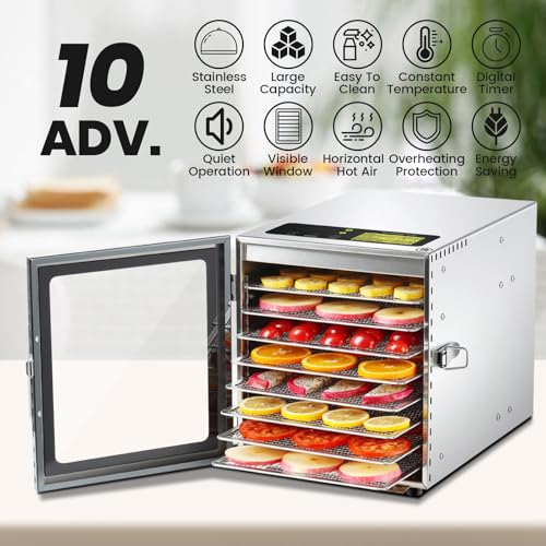Cercker Food-Dehydrator Machine 8 Stainless Steel Trays, 500W Jerky Dehydrator for Meat, 190ºF Mushroom Dryer, 24H Timer Fruits Dryer for Herbs, Veggies, Yogurt & Dog Treats - size: 8 trays