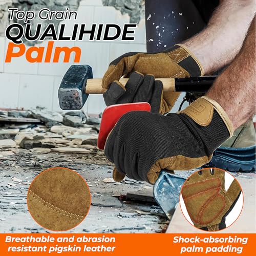 HANDLANDY Work Gloves for Men & Women, Utility Mechanic Working Gloves Touch Screen, Flexible Gardening Gloves for Yard - color: Brown Black (1 Pair), size: Medium