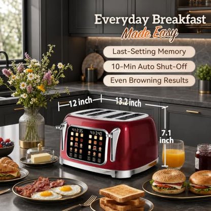 RONGBEST Retro 4 Slice Stainless Steel Toaster with Wide Slot Touch Screen for Family Breakfast, Reheat & Defrost, 6 Browning Levels for Bagel & Bread, Easy Removable Crumb Tray, Red Pearl - color: Red Pearl