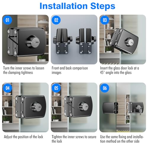 Ranbo No-Drill Double Glass Door Lock with Key for Swing Door, Four-Bolt - color: LE-201B Brushed Black