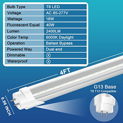 24 Pack T8 LED Bulbs 4 Foot, 18W 2400LM, 6000K, Ballast Bypass
