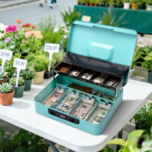 Jssmst Metal Cash Box with Money Tray and Lock, Portable Cash Drawer, 11.8" - color: Light Blue Code-B