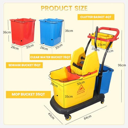Commercial Cleaning Cart On Wheels, Floor Cleaning Rectangular Mop Bucket with Sturdy Down Press Wringer Combo, 38-Quart, Yellow,ADD One Heavy Duty Mop and Wet Floor Caution Sign（24Inch）