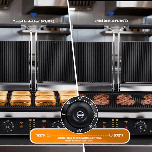 Bonnlo 813 Commercial Sandwich Make, 3600W Stainless Steel Countertop Panini Press Grill with Adjustable Temp 122°F–572°F, For Steak, Burgers, Home & Restaurant Use, 110V, Silver - size: 12.2"D x 22.2"W x 8"H