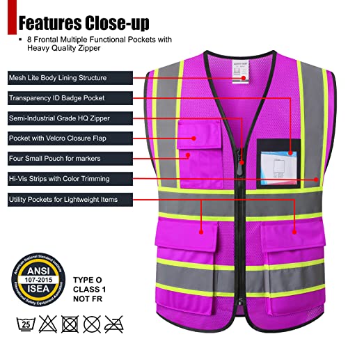 Reflective Safety Vest for Men Women Hi Vis Vest with 8 Pockets High Visibility Mesh Reflective Vest (Purple-07, Medium) - color: Purple, size: Medium