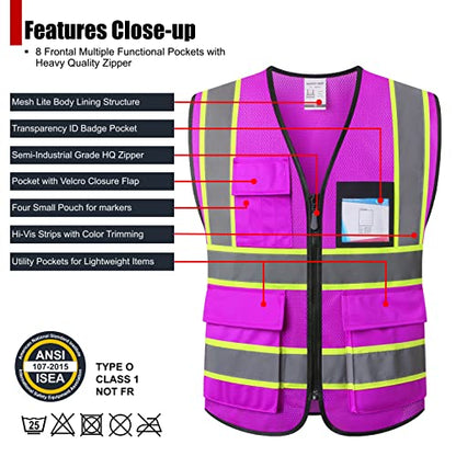 Reflective Safety Vest for Men Women Hi Vis Vest with 8 Pockets High Visibility Mesh Reflective Vest (Purple-07, Large) - color: Purple, size: Large