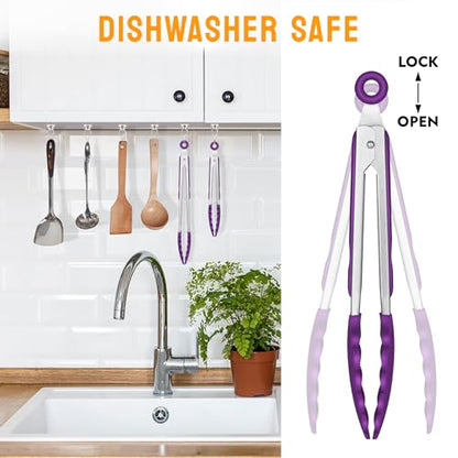 HOTEC Stainless Steel Kitchen Tongs with Silicone Tips, Set of 2-9" and 12" - color: Purple:12+9inch