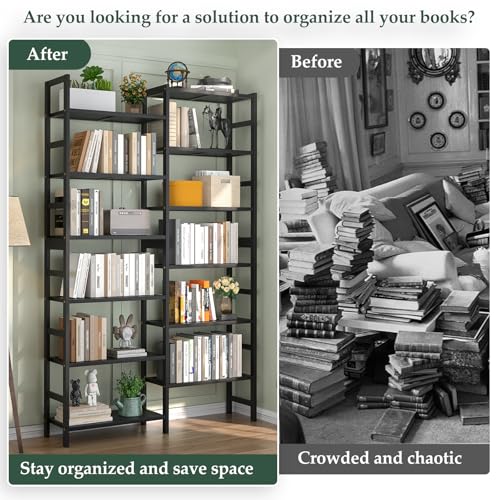 Homykic 72.5” Tall Bamboo Bookshelf Black, 6-Tier Double Wide Open Bookcase - color: Black, size: Double Wide