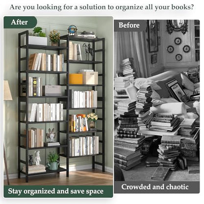 Homykic 72.5” Tall Bamboo Bookshelf Black, 6-Tier Double Wide Open Bookcase - color: Black, size: Double Wide