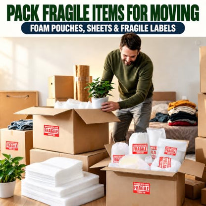 650Pcs Dish Packing Supplies for Moving,300 Foam Pouches & Sheets 4 Sizes (16x12",12x12",12x7.8",7.8x7.8") with 350 Fragile Stickers & Marker Pen for Moving, Packaging, Storage