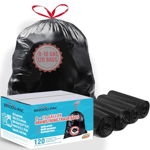 BEIDOU-PAC 8-10 Gallon Trash Bags Drawstring, 120 Count Bulk, Black & Unscented Multi-purpose Garbage Bags for Business Home Bathroom Kitchen Commercial and Industrial - style: 8-10 Gallon |120 Count