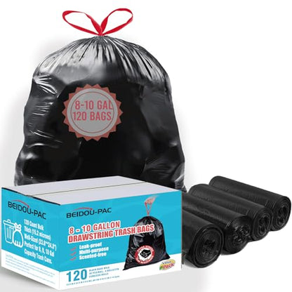 BEIDOU-PAC 8-10 Gallon Trash Bags Drawstring, 120 Count Bulk, Black & Unscented Multi-purpose Garbage Bags for Business Home Bathroom Kitchen Commercial and Industrial - style: 8-10 Gallon |120 Count