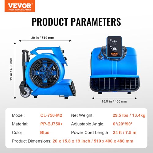 VEVOR Air Mover, 1 HP 4000 CFM Carpet Dryer for Cooling and Ventilating, Portable Floor Blower Fan with 3 Blowing Angles and Time Function, for Janitorial, Home, Commercial Use - size: 4000 CFM (1 HP)