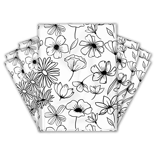 10x13 (100) Black and White Sketched Floral Summer Designer Poly Mailers Waterproof Self Sealing Tear Resistant Polymailers Shipping Envelopes Premium Printed Bags For Small Businesses - color: Black and White Flowers, size: 10x13 inches