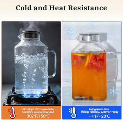 1 Gallon Square Glass Pitcher with Lid and Handle,Water Jug for Fridge