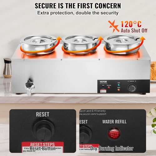 VEVOR Electric Soup Warmer, Three 7.4QT Stainless Steel Round Pot 86~185°F Adjustable Temp, 1200W Commercial Bain Marie with Anti-dry Burn and Reset Button, Soup Station for Restaurant, Buffet, Silver - size: 3*7.4QT