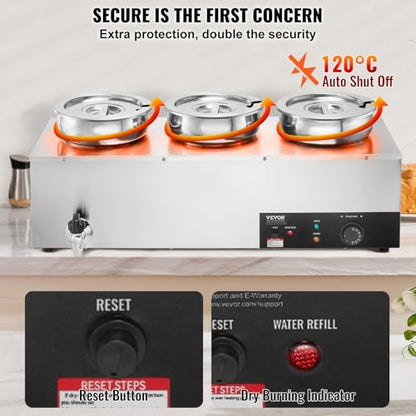 VEVOR Electric Soup Warmer, Three 7.4QT Stainless Steel Round Pot 86~185°F Adjustable Temp, 1200W Commercial Bain Marie with Anti-dry Burn and Reset Button, Soup Station for Restaurant, Buffet, Silver - size: 3*7.4QT
