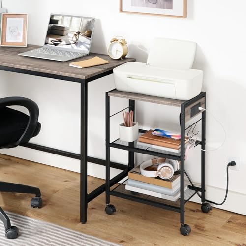 HOOBRO Industrial Printer Stand, 3-Tier Mobile Printer Table, Rolling Cart with Power Outlets and USB Ports, Home Printer Stand with 2 Hooks, for Office, Living Room, Greige and Black BG22UPS01 - color: Greige + Black, size: 16.5'' x 11'' x 25.2''