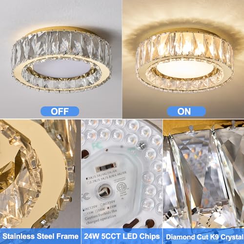 11 Inch Dimmable Luxury Crystal LED Flush Mount Ceiling Light - color: Gold, size: 11 Inch
