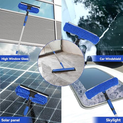 Window Squeegee Tool with Extension Pole: 20+ Feet Microfiber Scrubber Window Cleaning Kit for Rv Truck Bus Car Windshield - 3 to 14 Ft Spliceable Extendable Long Duster for High Outside Solar Panel - color: Blue