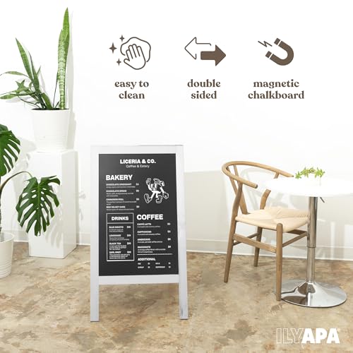 Ilyapa Wooden A-Frame Sign with Eraser & Chalk - 40 x 20 Inches Magnetic Sidewalk Chalkboard – White Menu Display for Restaurant, Business Or Wedding - color: White