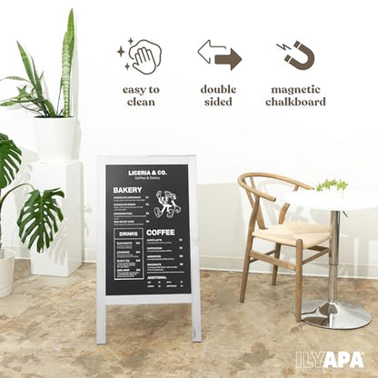 Ilyapa Wooden A-Frame Sign with Eraser & Chalk - 40 x 20 Inches Magnetic Sidewalk Chalkboard – White Menu Display for Restaurant, Business Or Wedding - color: White