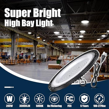200W UFO LED High Bay Light 10-Pack, 30000LM 5000K AC100-277V UFO High Bay LED Shop Light with Plug Alternative to 800W MH/HPS for Garage Workshop Warehouse Factory Gym Barn.