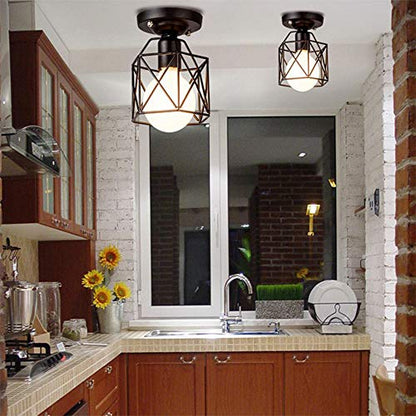 Semi Flush Mount Ceiling Light E26 E27 Retro Black Industrial Ceiling Light Fixture for Kitchen, Hallway, Porch, Stairway,Bedroom Farmhouse Lighting(2 Pack)