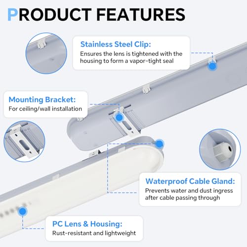 4FT LED Vapor Tight Light 60W 6600LM IP65 5000K Shop Light 6Pack ETL - size: 4FT｜6 PACK