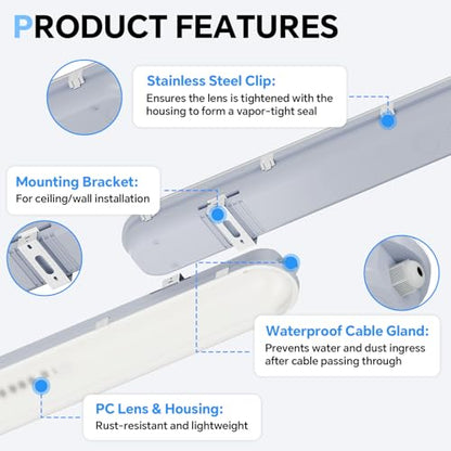 4FT LED Vapor Tight Light 60W 6600LM IP65 5000K Shop Light 4Pack ETL - size: 4 Pack