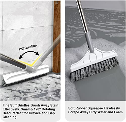 2 in 1 Cleaning Scrub Brush Grout Brush Scrape Floor Scrub Brush with Long Handle V-Shape Stiff Bristle Brush Scrubber with Squeegee 120°Rotating Shower Scruber for Cleaning Bathroom Glass Wall - color: Beige Color