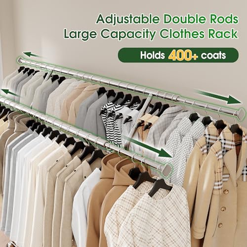 Raybee 630LBS Rolling Clothes Rack, Extendable 42-65" W Clothing Rack - color: Chrome, style: Double Rods