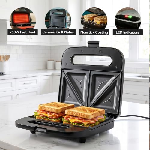 OVENTE Electric Sandwich Maker, 750W Non-Stick Plates, Black GP0401B - color: GP0401B