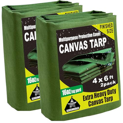 2 Pack 16oz Small Heavy Duty Canvas Tarp 4x6 Feet Water-Resistant - color: 28mil-green, size: 4x6 Feet 2 Pack-Finished size