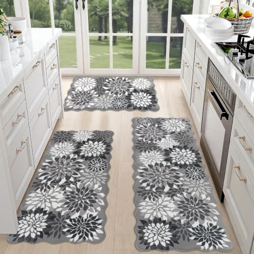 HEBE Anti Fatigue Kitchen Rugs Set of 3, Cushioned Kitchen Mats for Floor - color: Black/Floral