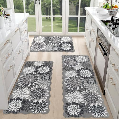 HEBE Anti Fatigue Kitchen Rugs Set of 3, Cushioned Kitchen Mats for Floor - color: Black/Floral