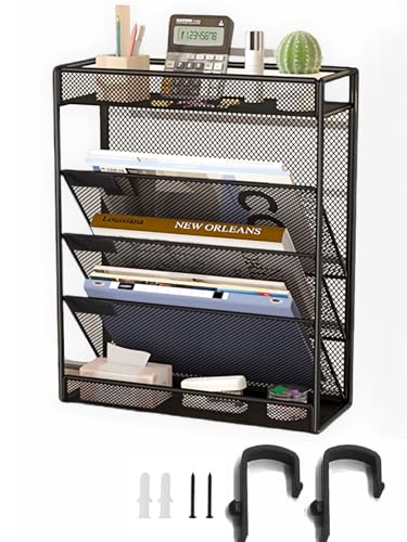 5 Tier Mesh Wall File Organizer,3 Pockets vertical Mount Hanging Organizer with Top/Bottom Tray | 2 Hooks | Wall Mount & Door Hanging for Office Home