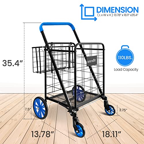 SereneLife Shopping Cart - Swivel Front Wheels, Portable and Collapsible Design, with Detachable Basket, Ideal for Grocery, Laundry, and Shopping, 110 lbs Weight Capacity