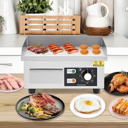 1500W Commercial Electric Griddle – Non-Stick Stainless Steel Flat Top Teppanyaki Grill with 122℉-572℉ Adjustable Temp, 2 Shovels & 2 Brushes for Home & Restaurant - size: 12x14