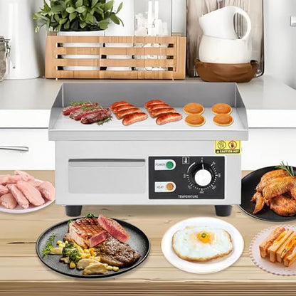 1500W Commercial Electric Griddle – Non-Stick Stainless Steel Flat Top Teppanyaki Grill with 122℉-572℉ Adjustable Temp, 2 Shovels & 2 Brushes for Home & Restaurant - size: 12x14