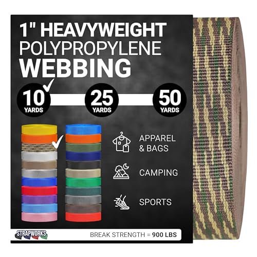Strapworks Heavyweight Polypropylene Webbing - Heavy Duty Poly Strapping for Outdoor DIY Gear Repair - color: Woodland Camo, size: 1" x 10 yard
