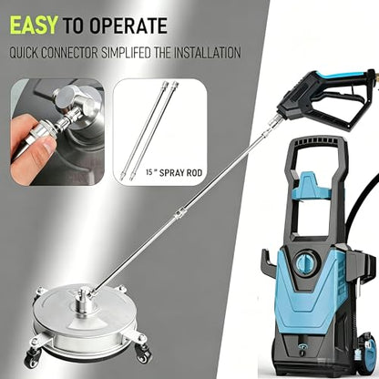 Hourleey 14" Pressure Washer Surface Cleaner, Stainless Steel Surface Cleaner with 4 Wheels for Concrete, Patio, Sidewalk, Deck, Pathway 1/4" Quick Connector, 2 Extension Wand, 4000 PSI - size: 14 Inch